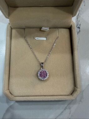 ✨NEW✨ Round-Cut Pink Gemstone Halo Pendant Necklace Crafted in Sterling Silver